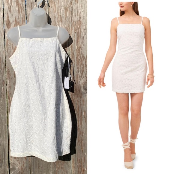 1. STATE Women's Size 8 Off White Eyelet Adjustable Spaghetti Straps Mini Dress - Picture 1 of 14